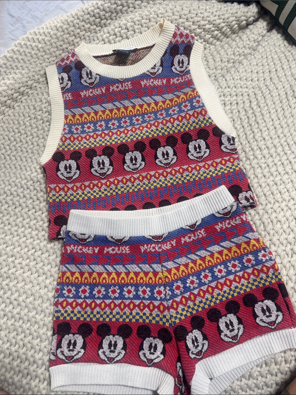 Disney Women's Multicolor Mickey Mouse Knit Shorts Set - Red, Blue, Yellow